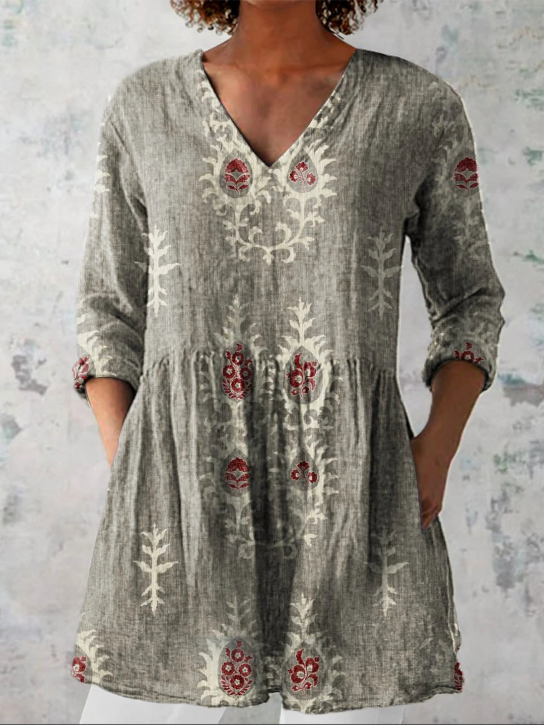 ELISE | PRINTED V-NECK TUNIC BLOUSE