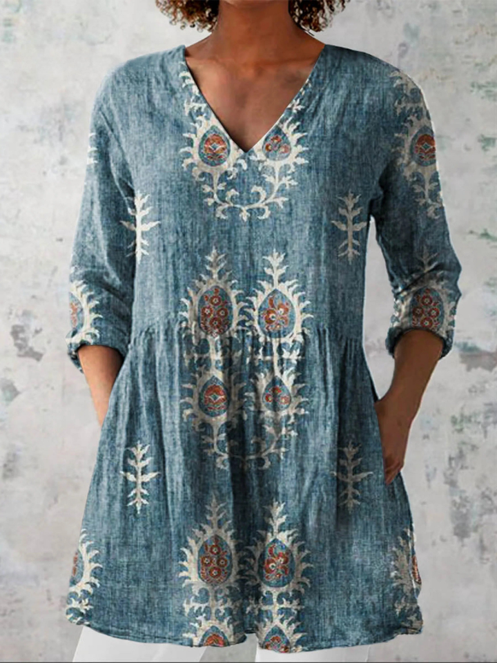 ELISE | PRINTED V-NECK TUNIC BLOUSE