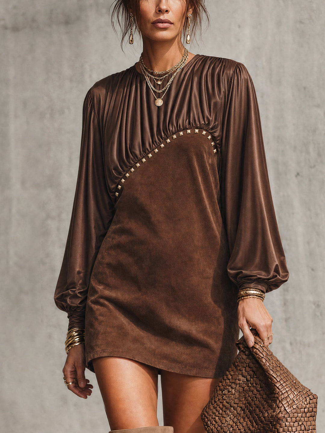 MIRELLE | SATIN &amp; FAUX SUEDE STUDDED MINI DRESS