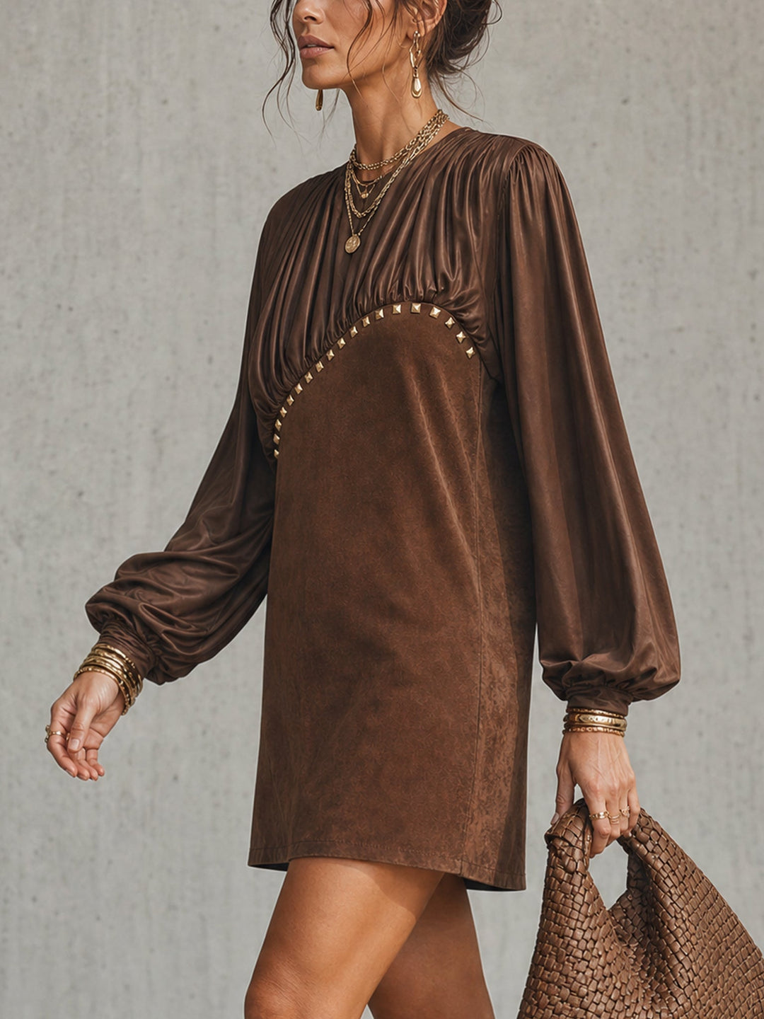 MIRELLE | SATIN &amp; FAUX SUEDE STUDDED MINI DRESS