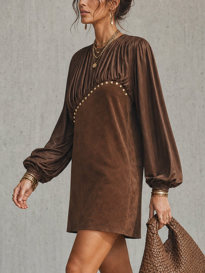 MIRELLE | SATIN &amp; FAUX SUEDE STUDDED MINI DRESS