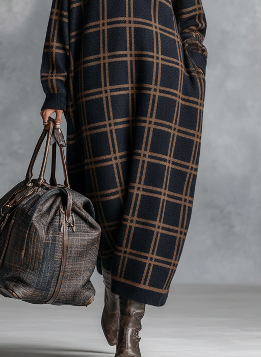 KAJA | PLAID HALF-ZIP KNIT MAXI DRESS