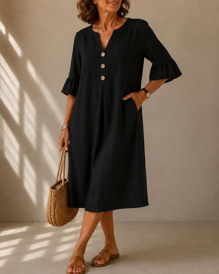 LEAH | BUTTON-FRONT RUFFLE-SLEEVE MIDI DRESS