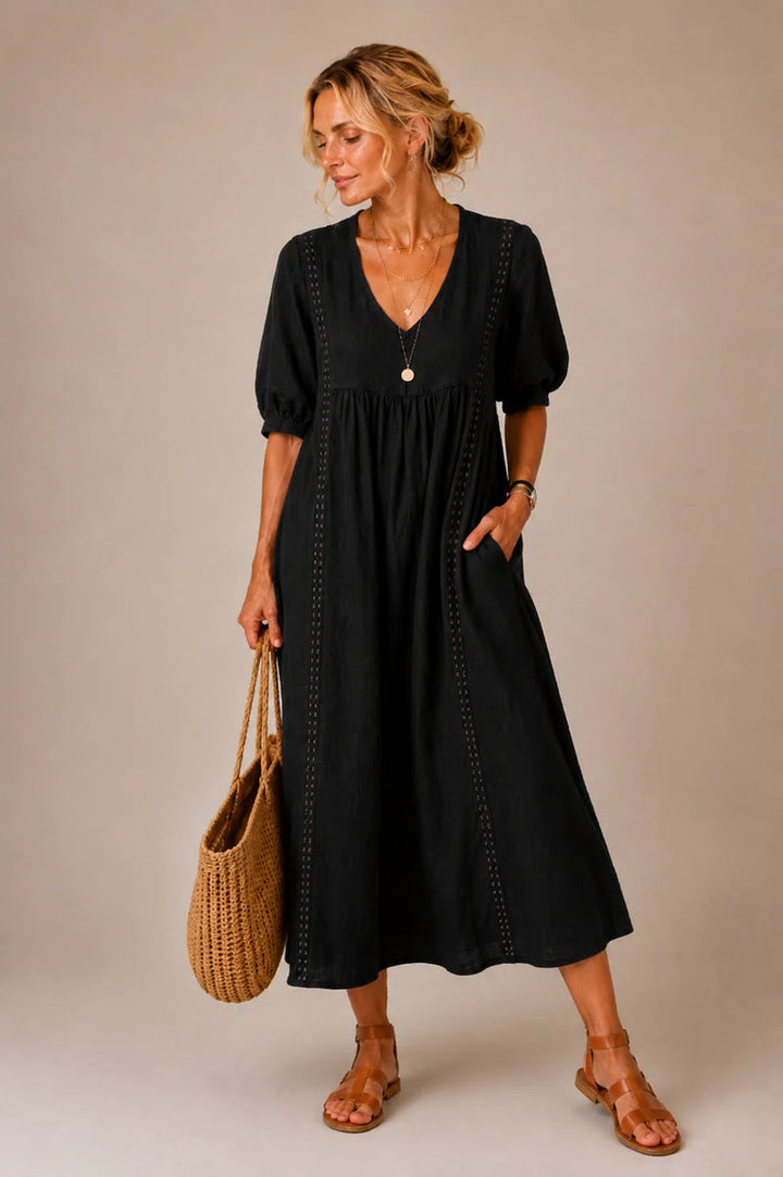 BROOKLYN | LACE-TRIMMED FLOWING V-NECK MIDI DRESS