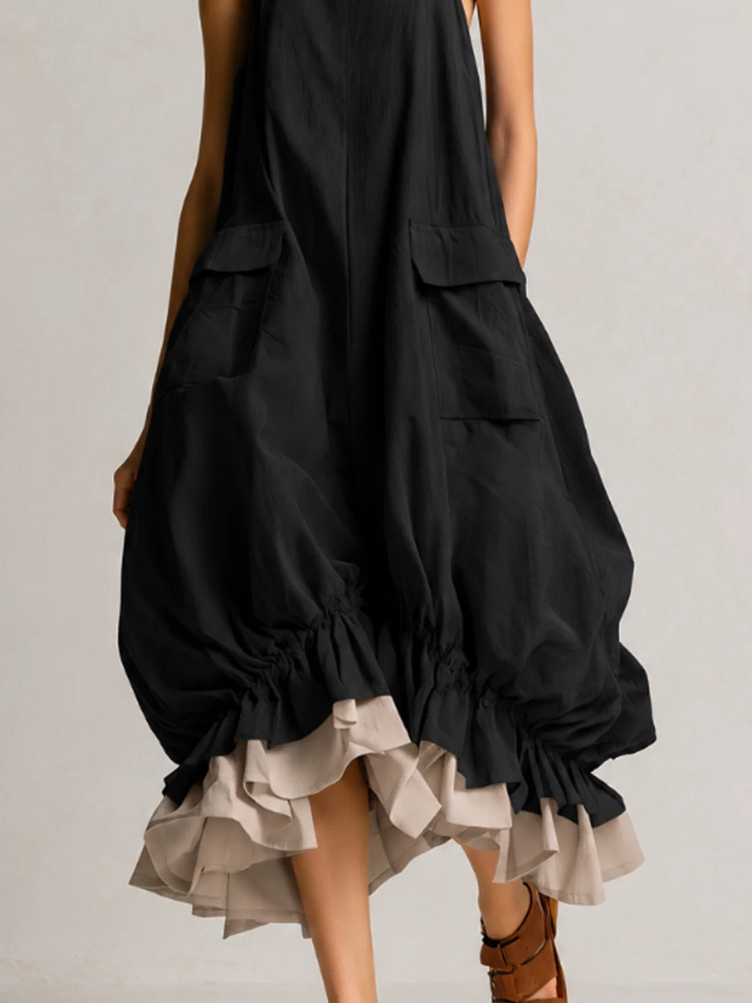 ARA | BLACK BOHO RUFFLE HEM BUBBLE MIDI DRESS
