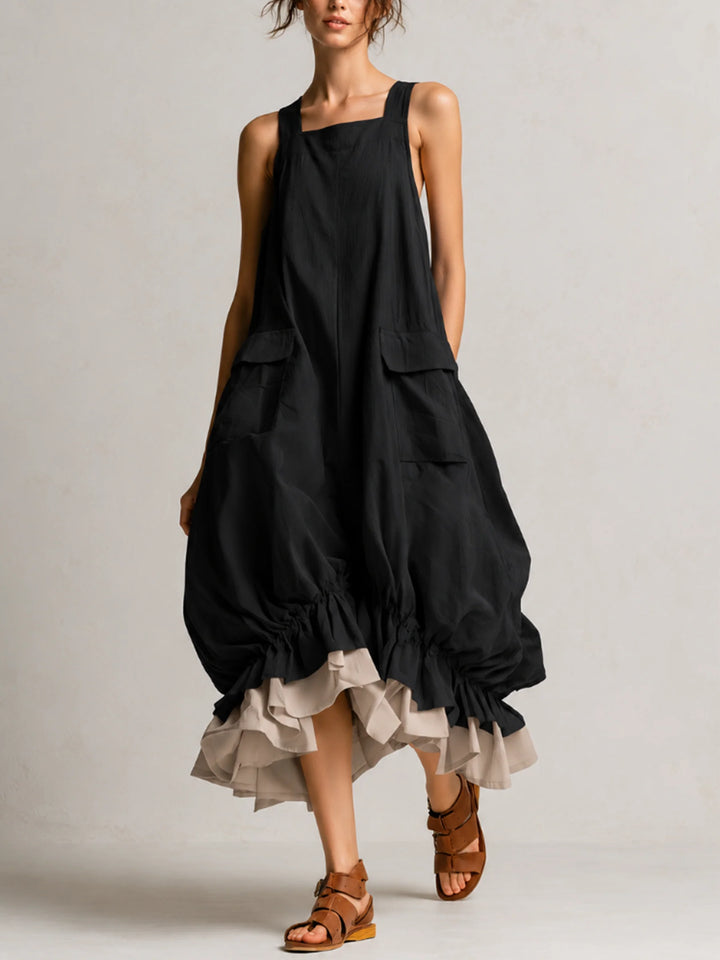 ARA | BLACK BOHO RUFFLE HEM BUBBLE MIDI DRESS