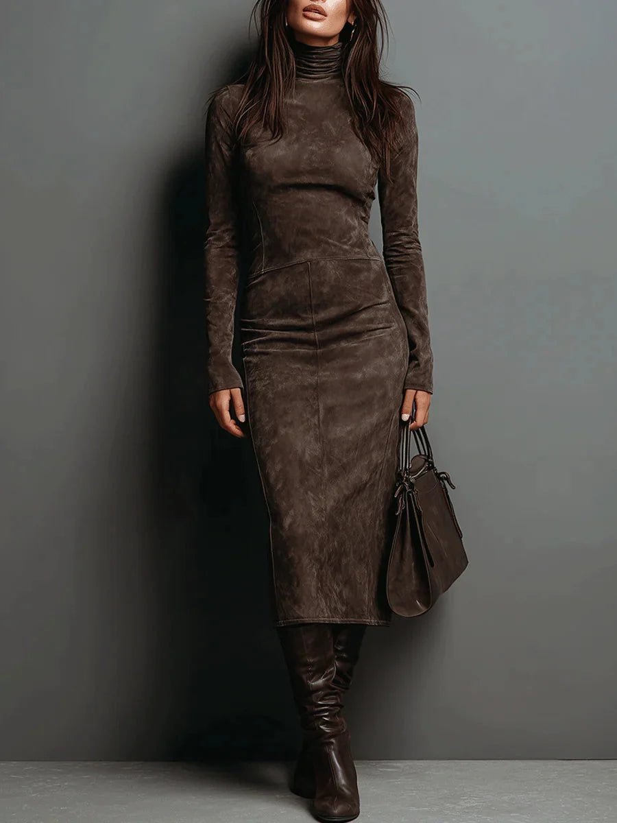 ADRIANA | HIGH-NECK SUEDE MIDI DRESS