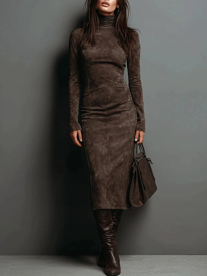 ADRIANA | HIGH-NECK SUEDE MIDI DRESS