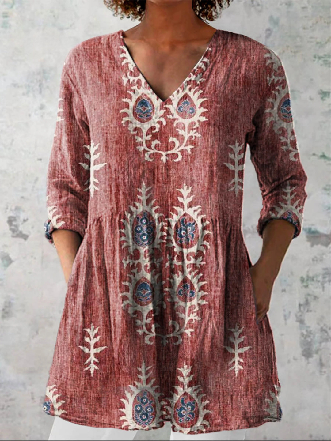 ELISE | PRINTED V-NECK TUNIC BLOUSE