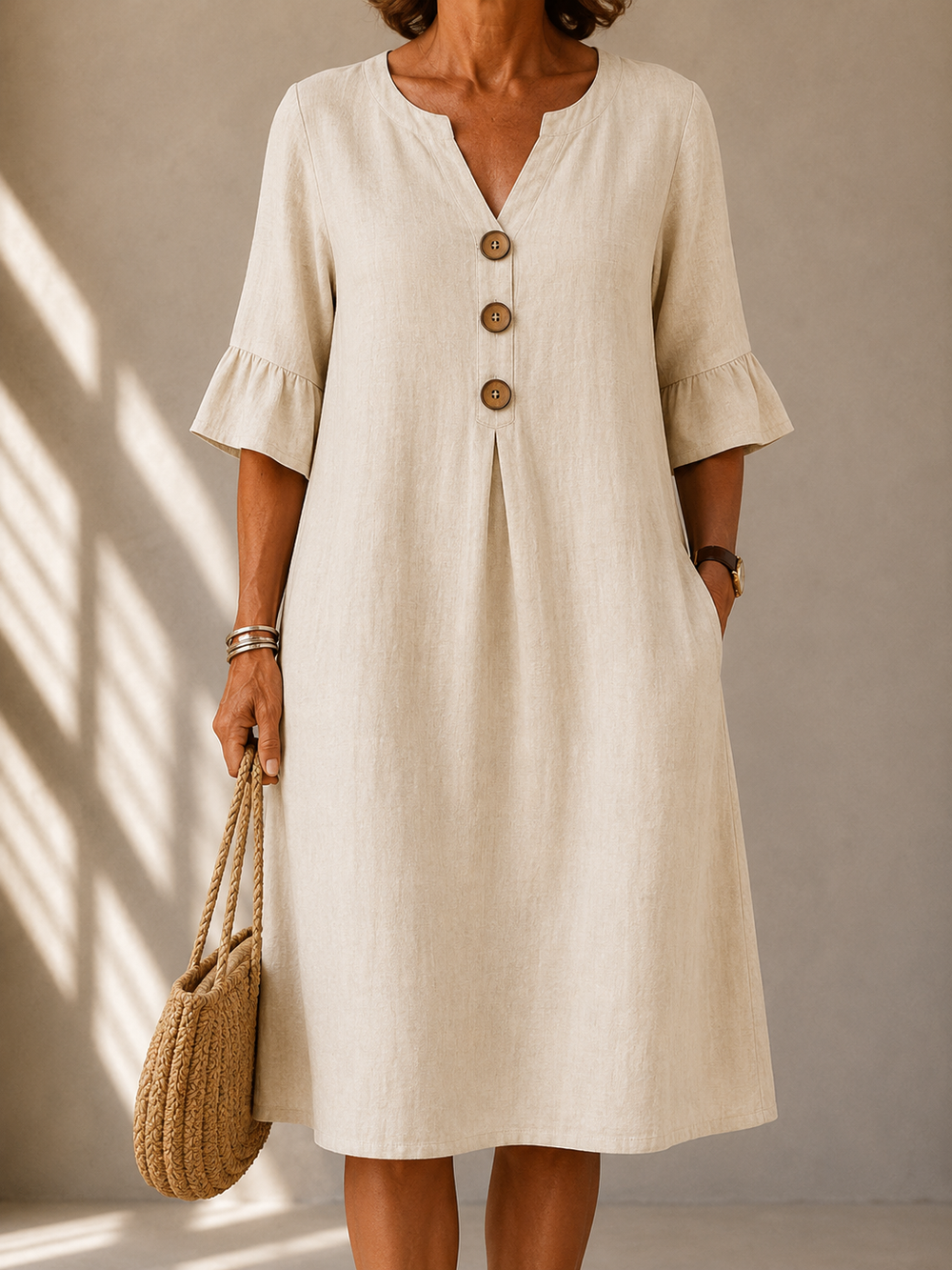 LEAH | BUTTON-FRONT RUFFLE-SLEEVE MIDI DRESS