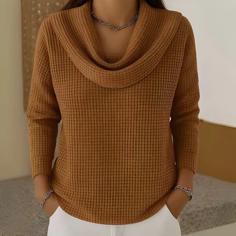 Amber™ – Warm Waffle Sweater with Elegant Waterfall Neckline