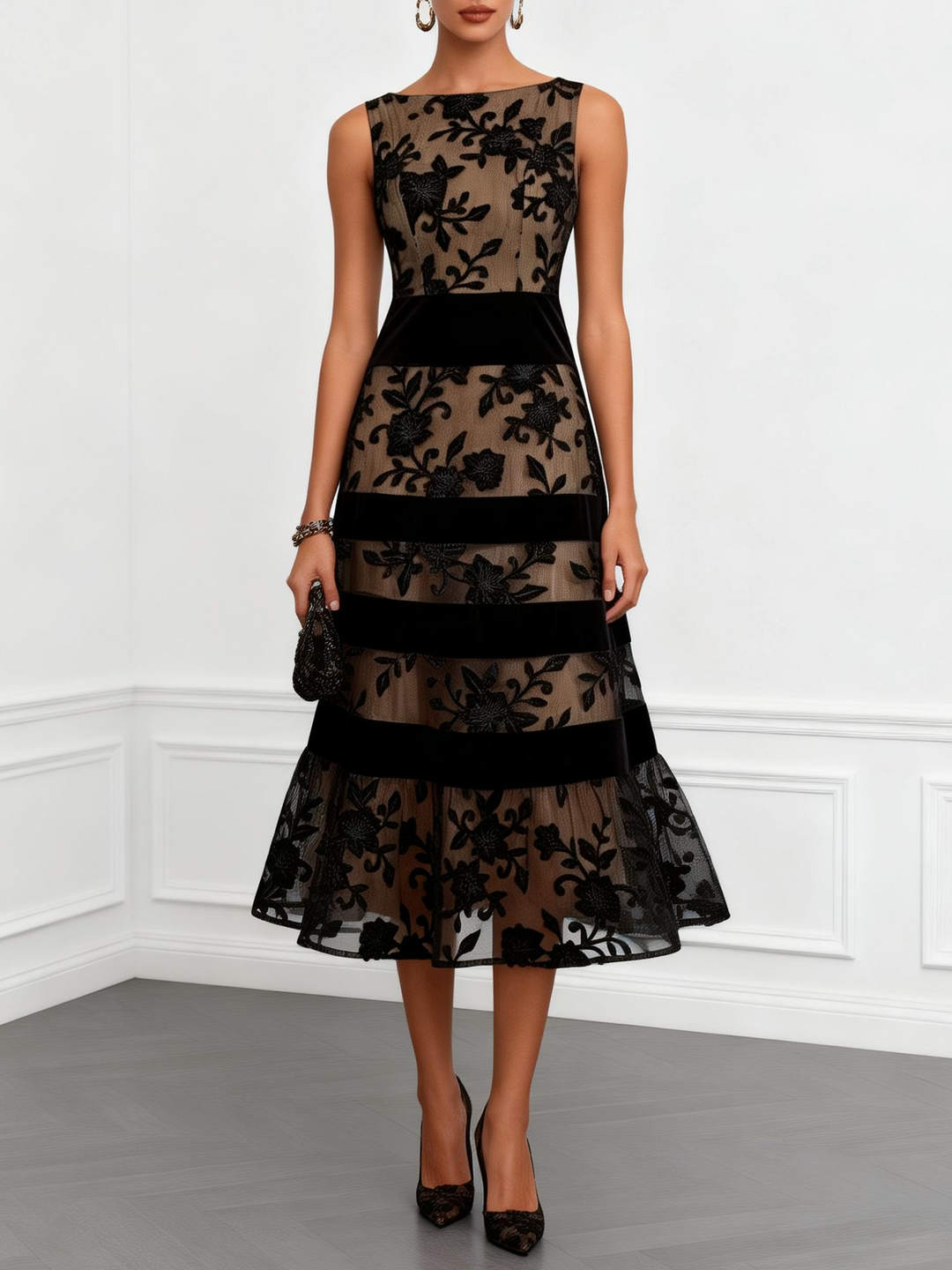 CELINE | FLORAL MESH A-LINE MIDI DRESS