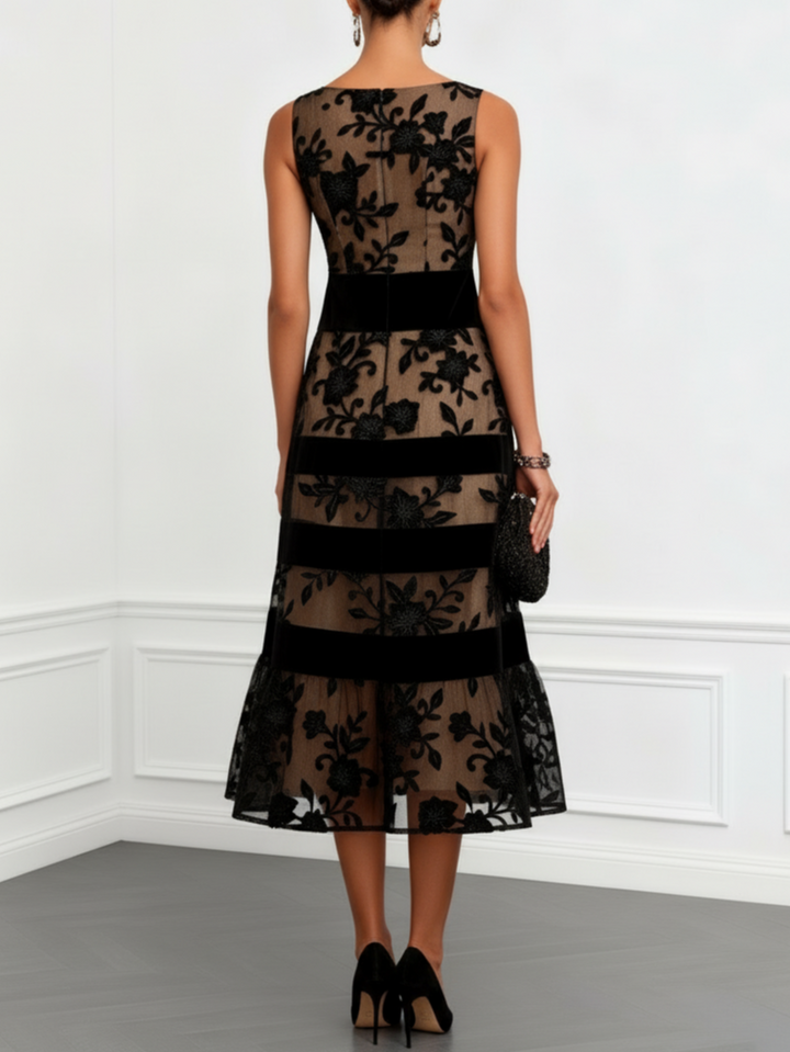 CELINE | FLORAL MESH A-LINE MIDI DRESS