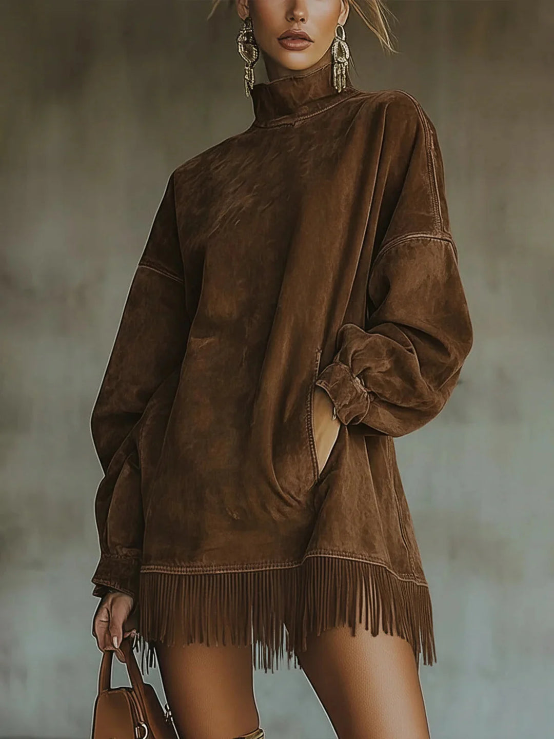 SERAFINA | SUEDE HIGH-NECK DRESS WITH FRINGE
