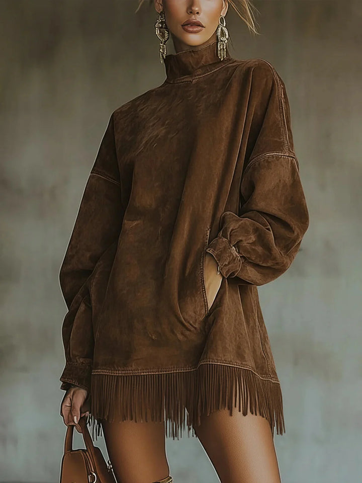 SERAFINA | SUEDE HIGH-NECK DRESS WITH FRINGE