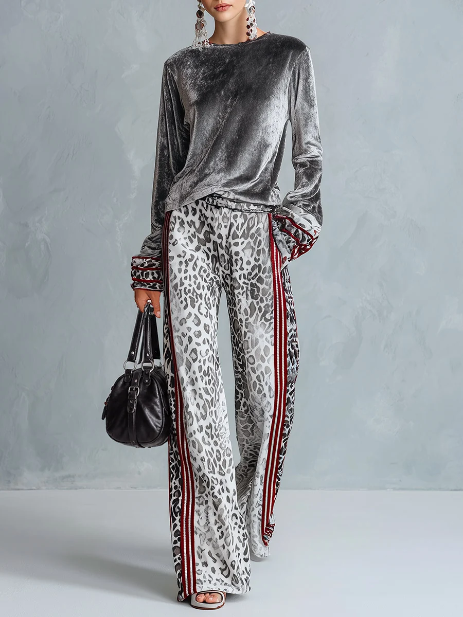 CELESTINE | SILVER VELVET TOP &amp; LEOPARD WIDE-LEG PANTS SET