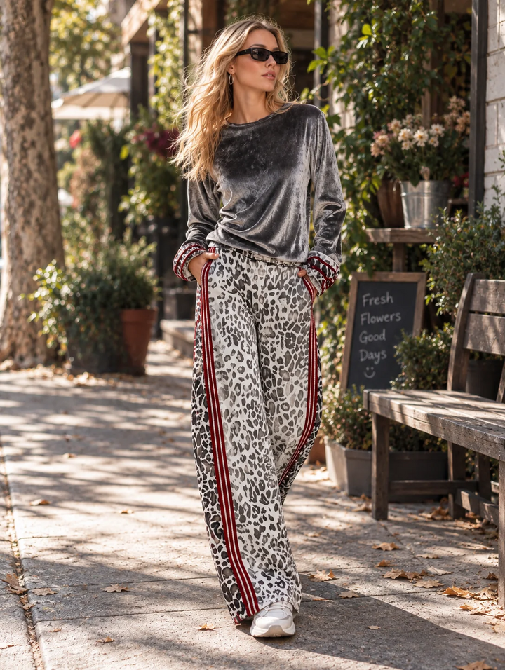 CELESTINE | SILVER VELVET TOP &amp; LEOPARD WIDE-LEG PANTS SET