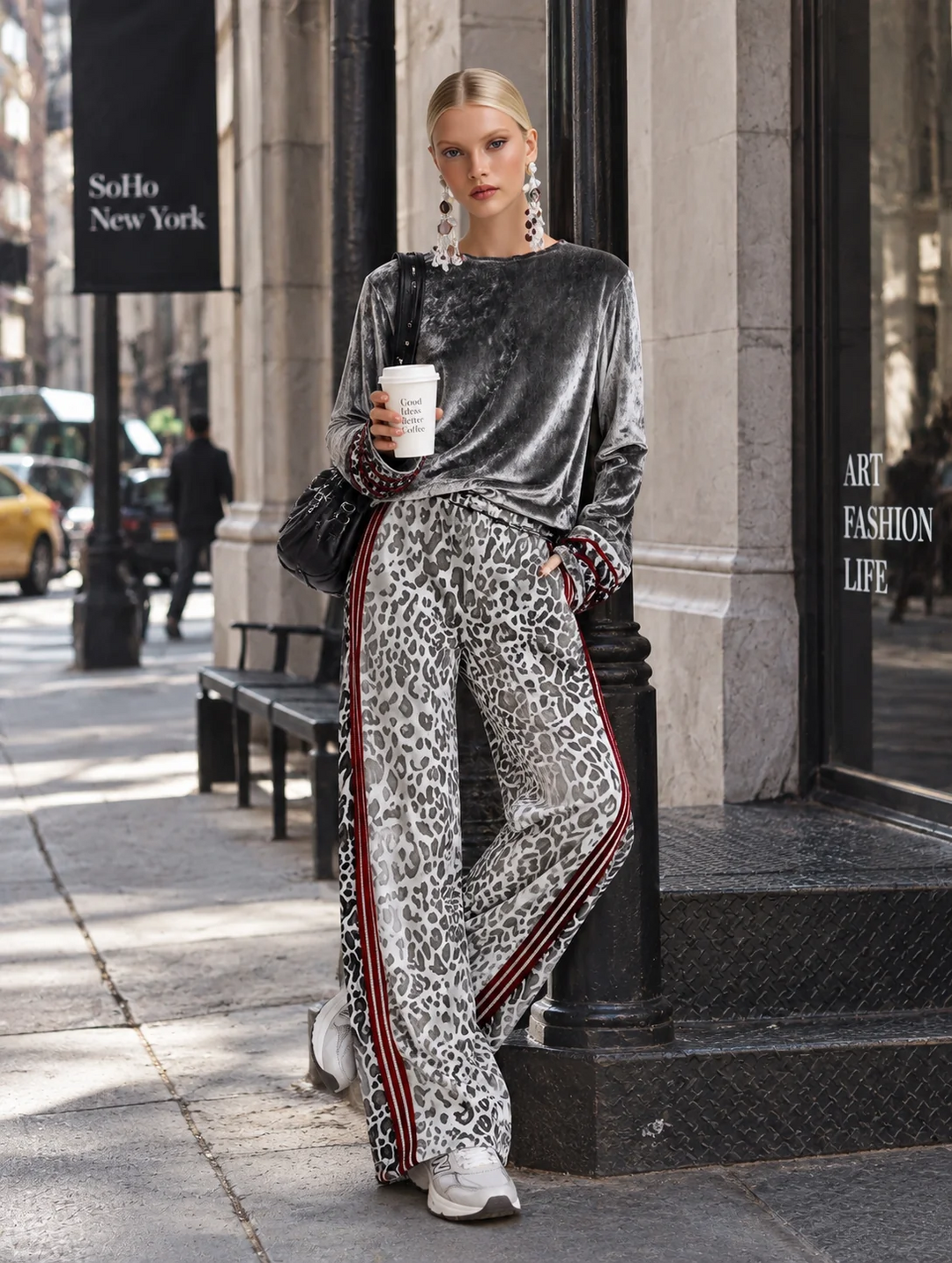 CELESTINE | SILVER VELVET TOP &amp; LEOPARD WIDE-LEG PANTS SET