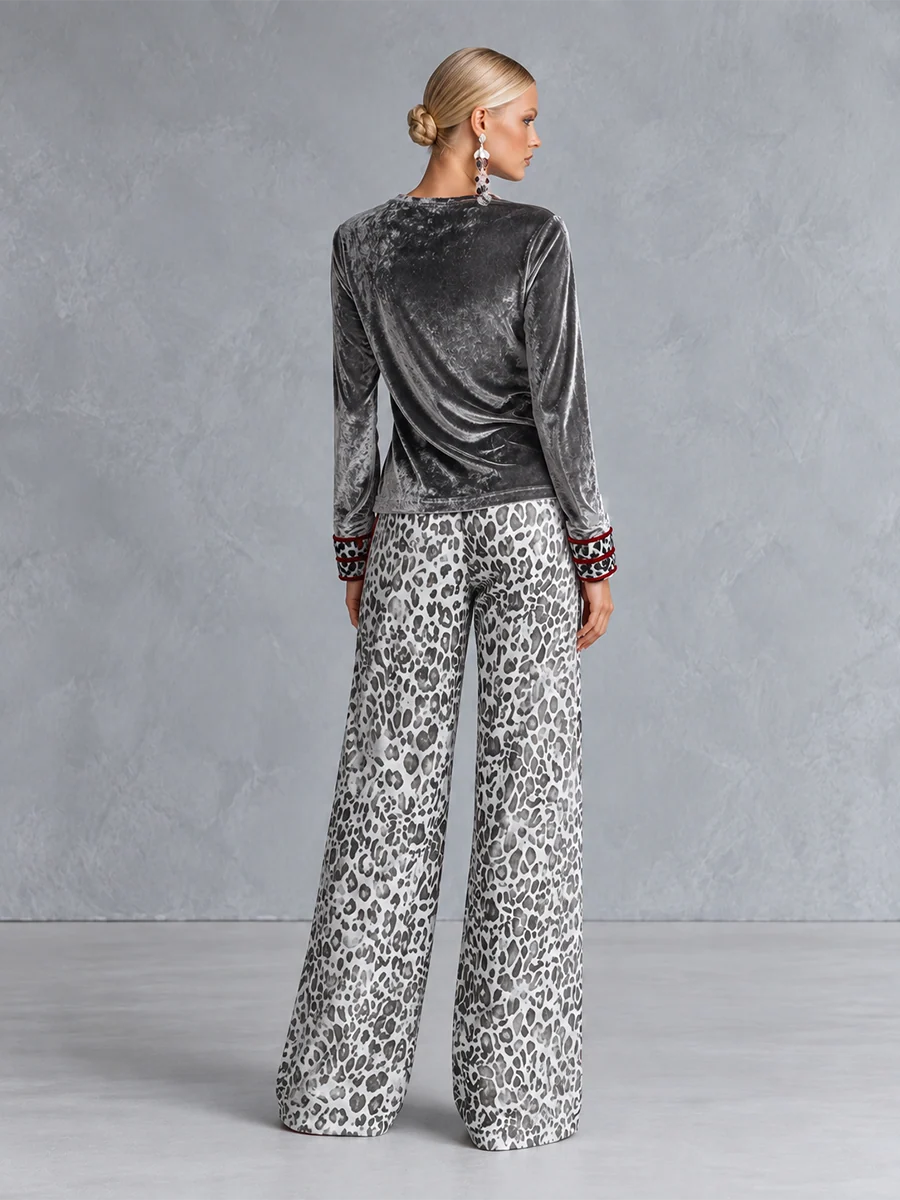CELESTINE | SILVER VELVET TOP &amp; LEOPARD WIDE-LEG PANTS SET