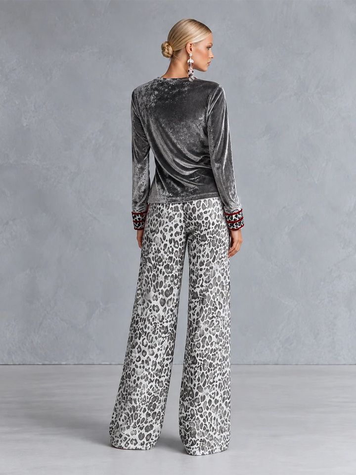 CELESTINE | SILVER VELVET TOP &amp; LEOPARD WIDE-LEG PANTS SET