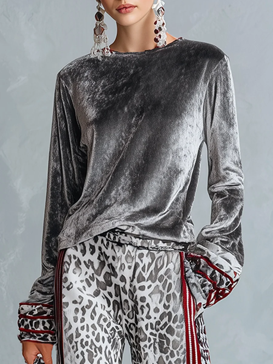 CELESTINE | SILVER VELVET TOP &amp; LEOPARD WIDE-LEG PANTS SET