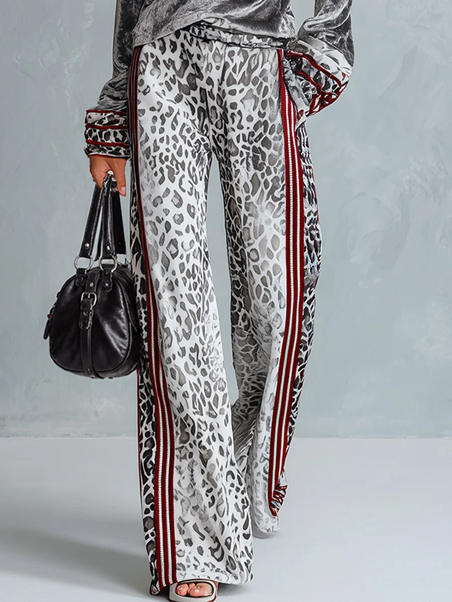 CELESTINE | SILVER VELVET TOP &amp; LEOPARD WIDE-LEG PANTS SET