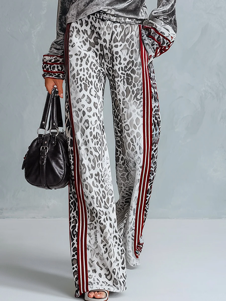 CELESTINE | SILVER VELVET TOP &amp; LEOPARD WIDE-LEG PANTS SET