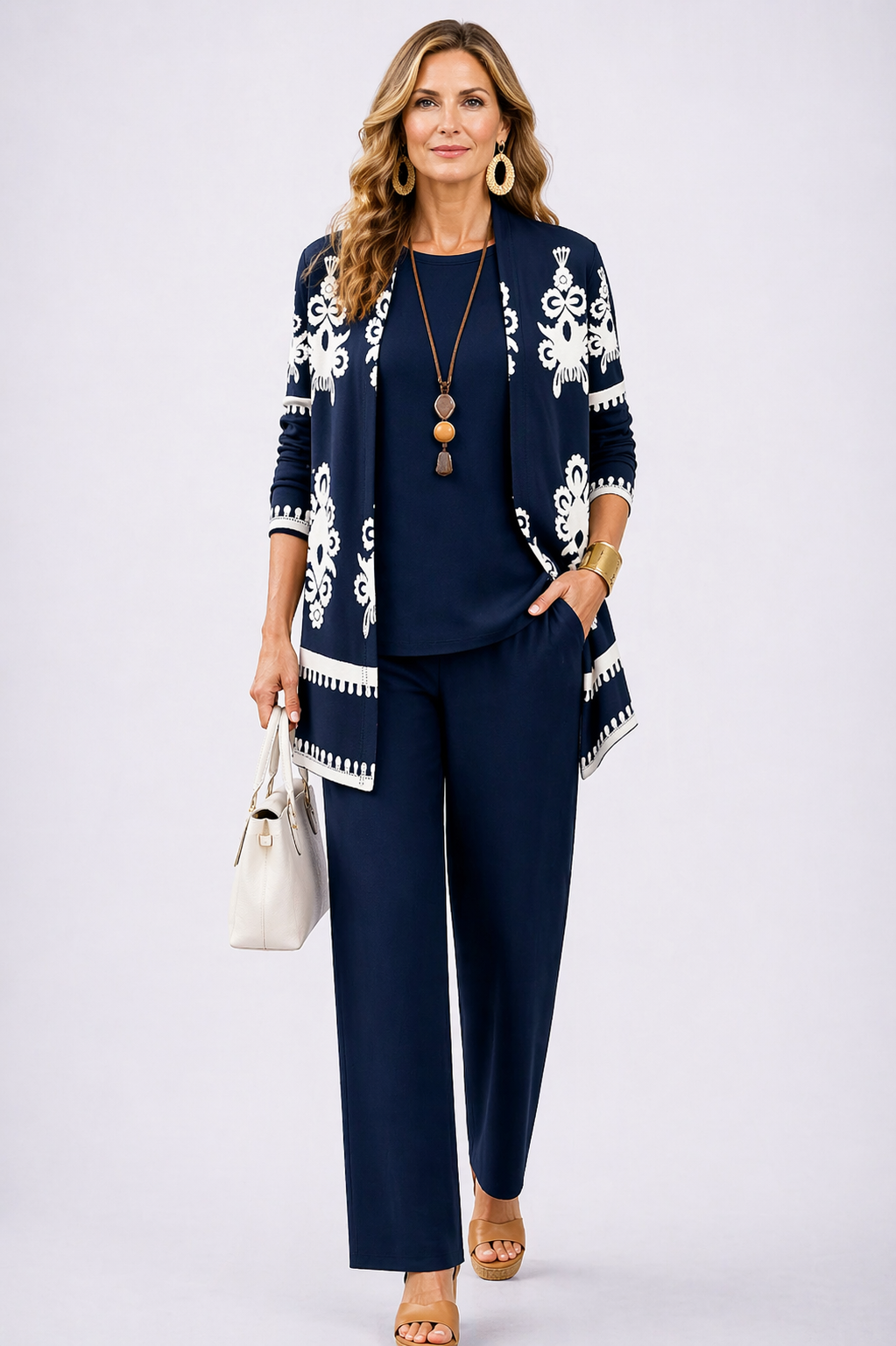 Three-Piece Cardigan And Wide-Leg Pants Set
