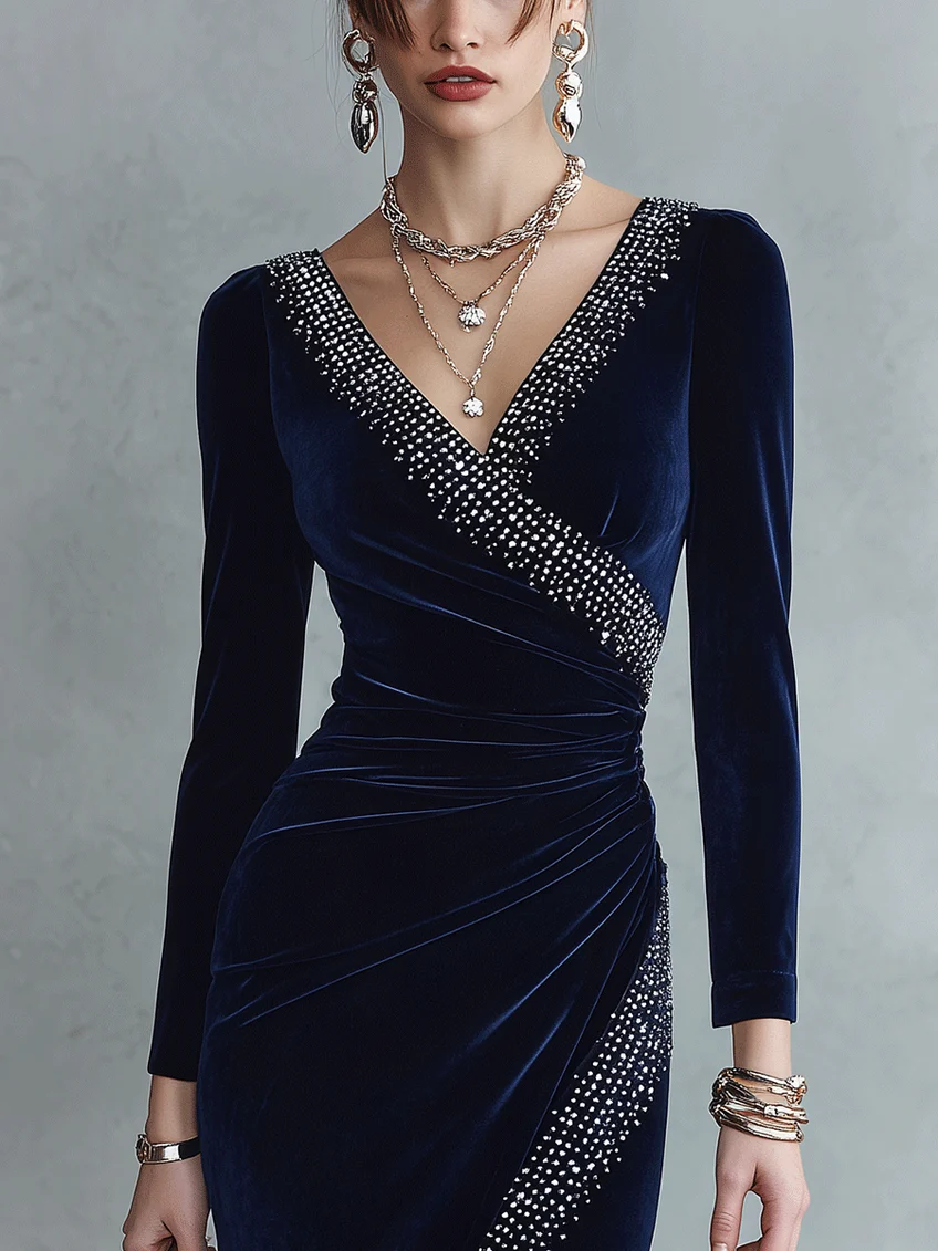 GENEVA | NAVY EMBELLISHED VELVET WRAP MIDI DRESS