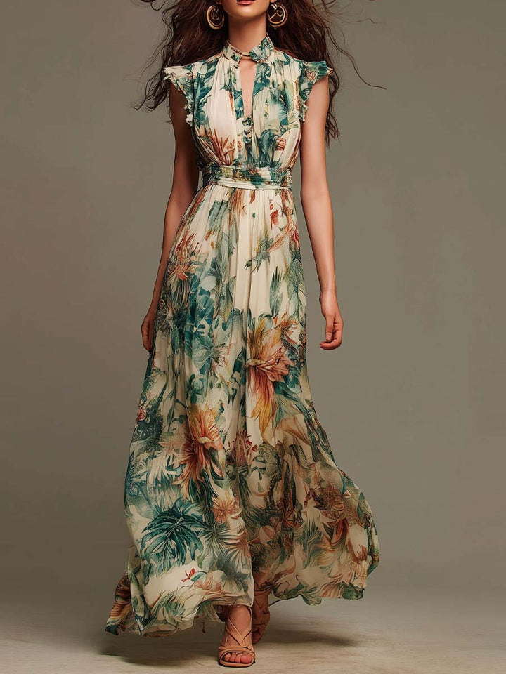 CELESTE | TROPICAL BOTANICAL CHIFFON MAXI DRESS