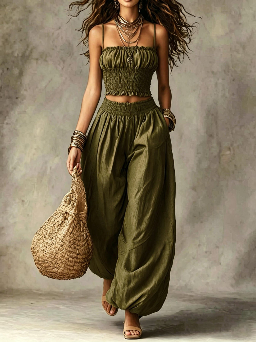 ELISA | SMOCKED CROP TOP WIDE-LEG TWO-PIECE SET