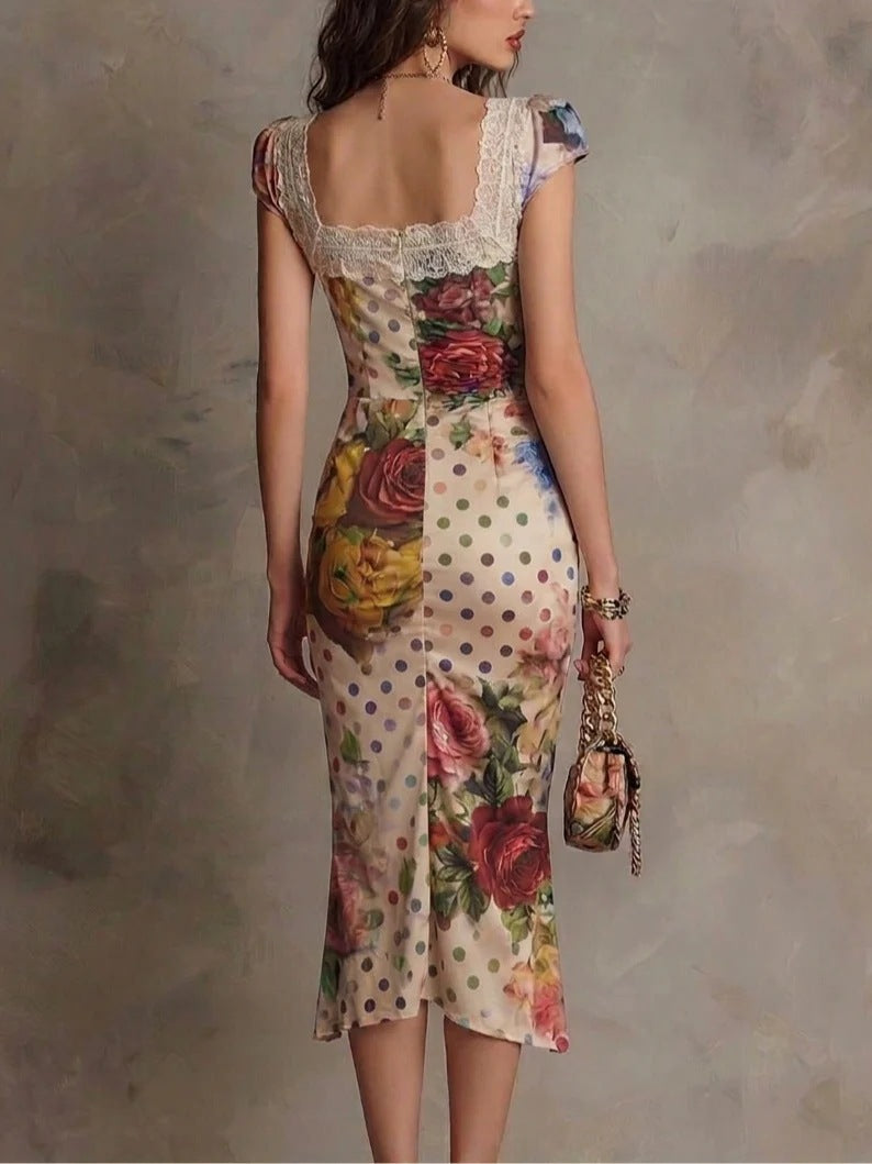 KARINA | LACE-TRIM RUCHED MIDI DRESS
