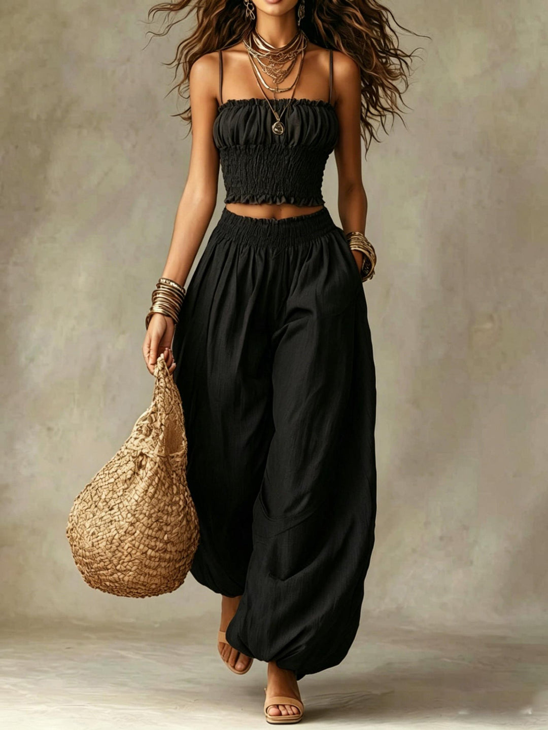 ELISA | SMOCKED CROP TOP WIDE-LEG TWO-PIECE SET
