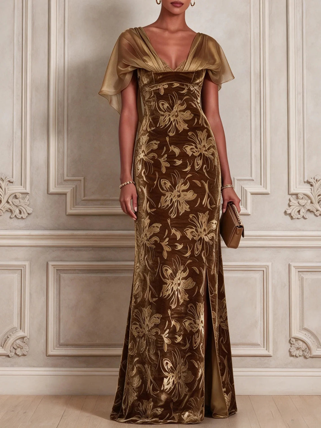 OCTAVIA | BROWN FLORAL VELVET MERMAID MAXI DRESS