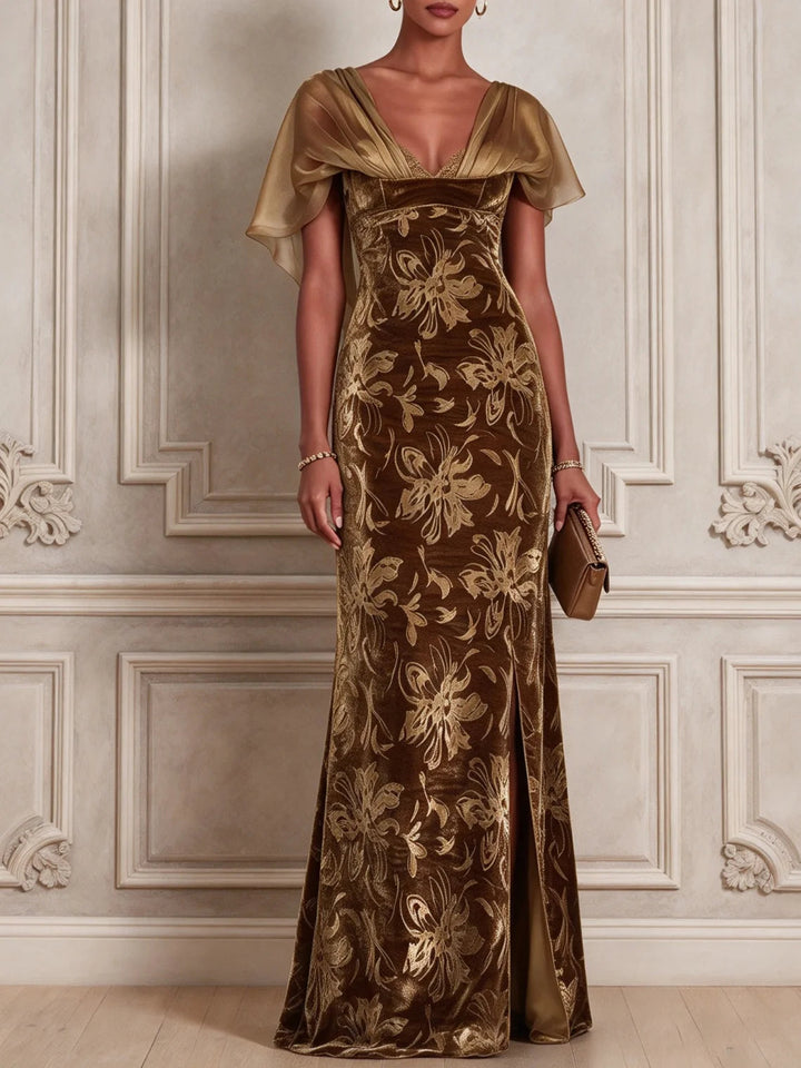 OCTAVIA | BROWN FLORAL VELVET MERMAID MAXI DRESS