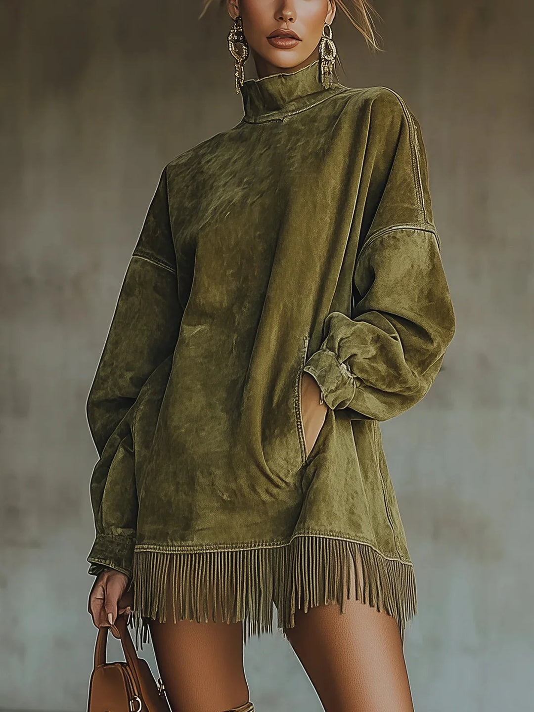 SERAFINA | SUEDE HIGH-NECK DRESS WITH FRINGE