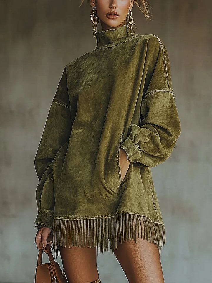 SERAFINA | SUEDE HIGH-NECK DRESS WITH FRINGE
