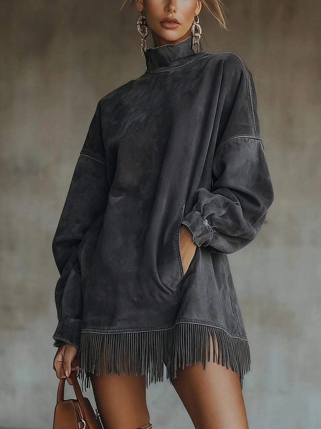 SERAFINA | SUEDE HIGH-NECK DRESS WITH FRINGE
