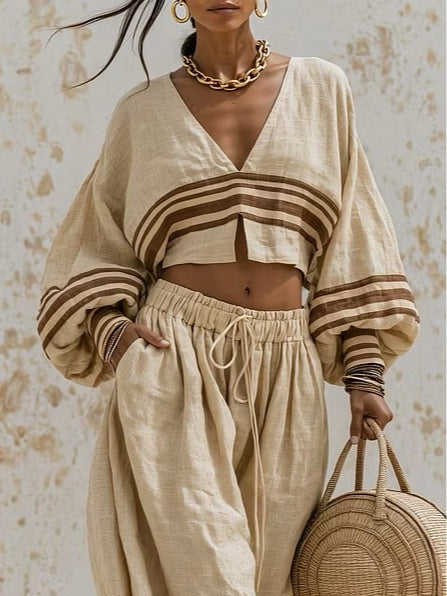 ISLA | STRIPED LINEN-BLEND TWO-PIECE SET