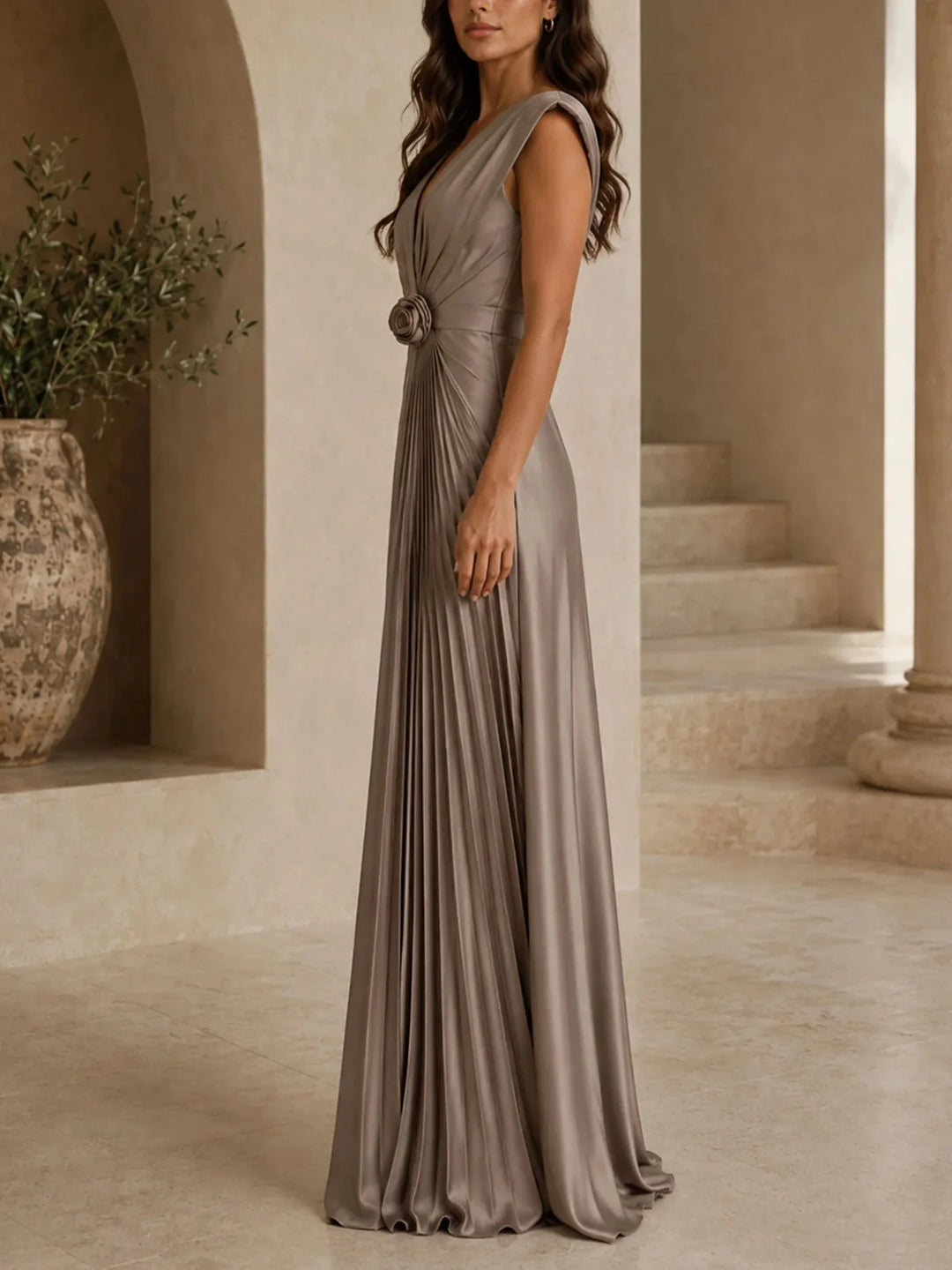VIVIANA | PLEATED SATIN ROSETTE-WAIST MAXI DRESS