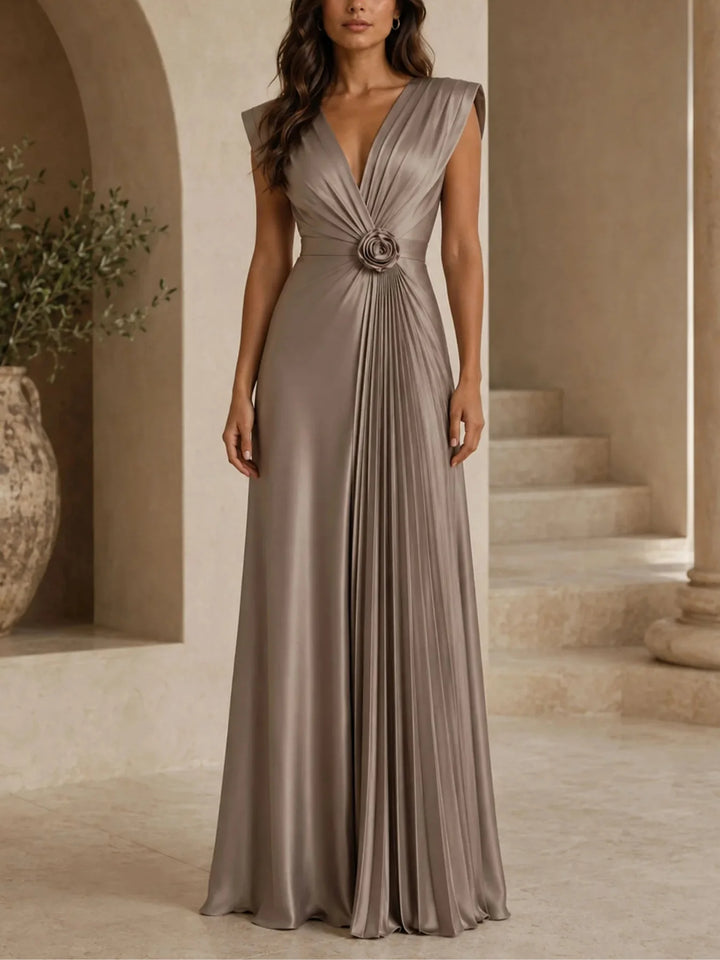 VIVIANA | PLEATED SATIN ROSETTE-WAIST MAXI DRESS