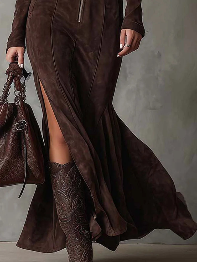Brown Belted Suede-Look Maxi Dress