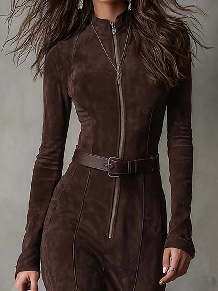 Brown Belted Suede-Look Maxi Dress