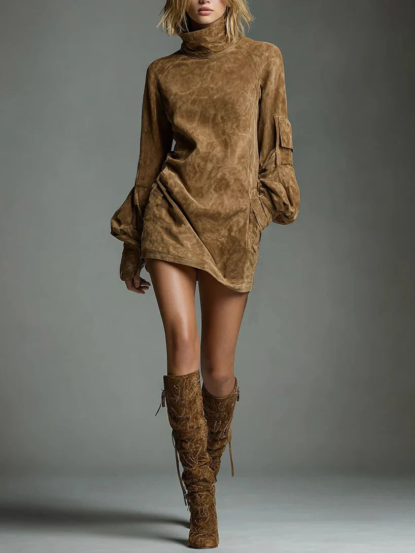 CELESTE | OVERSIZED SUEDE HIGH-NECK MINI DRESS