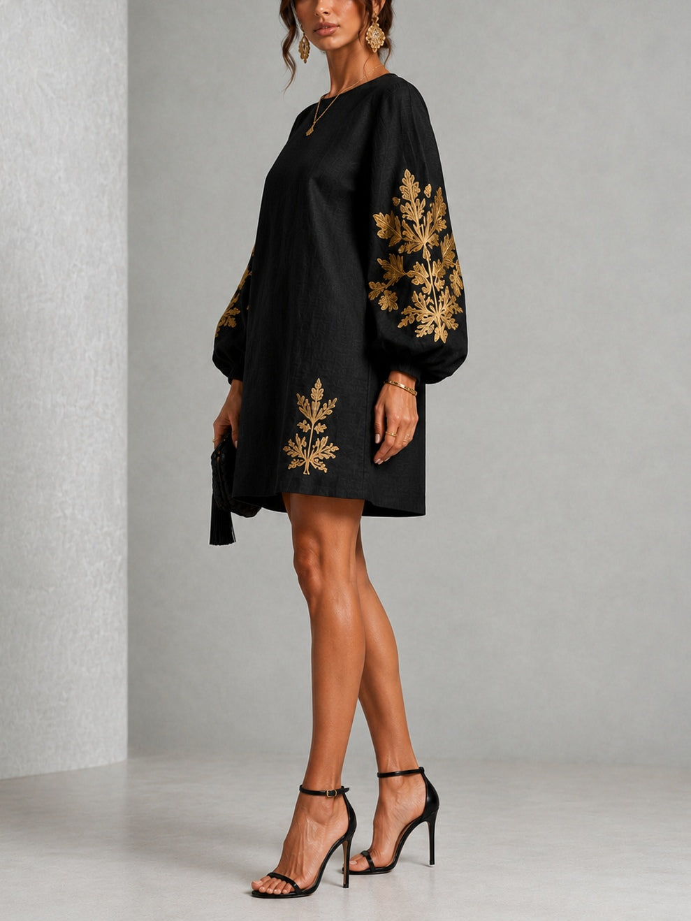 CELESTE | BLACK &amp; GOLD PRINT MINI DRESS