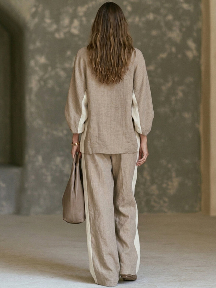 FELIA | KHAKI COLOR-BLOCK WIDE-LEG TWO-PIECE SET