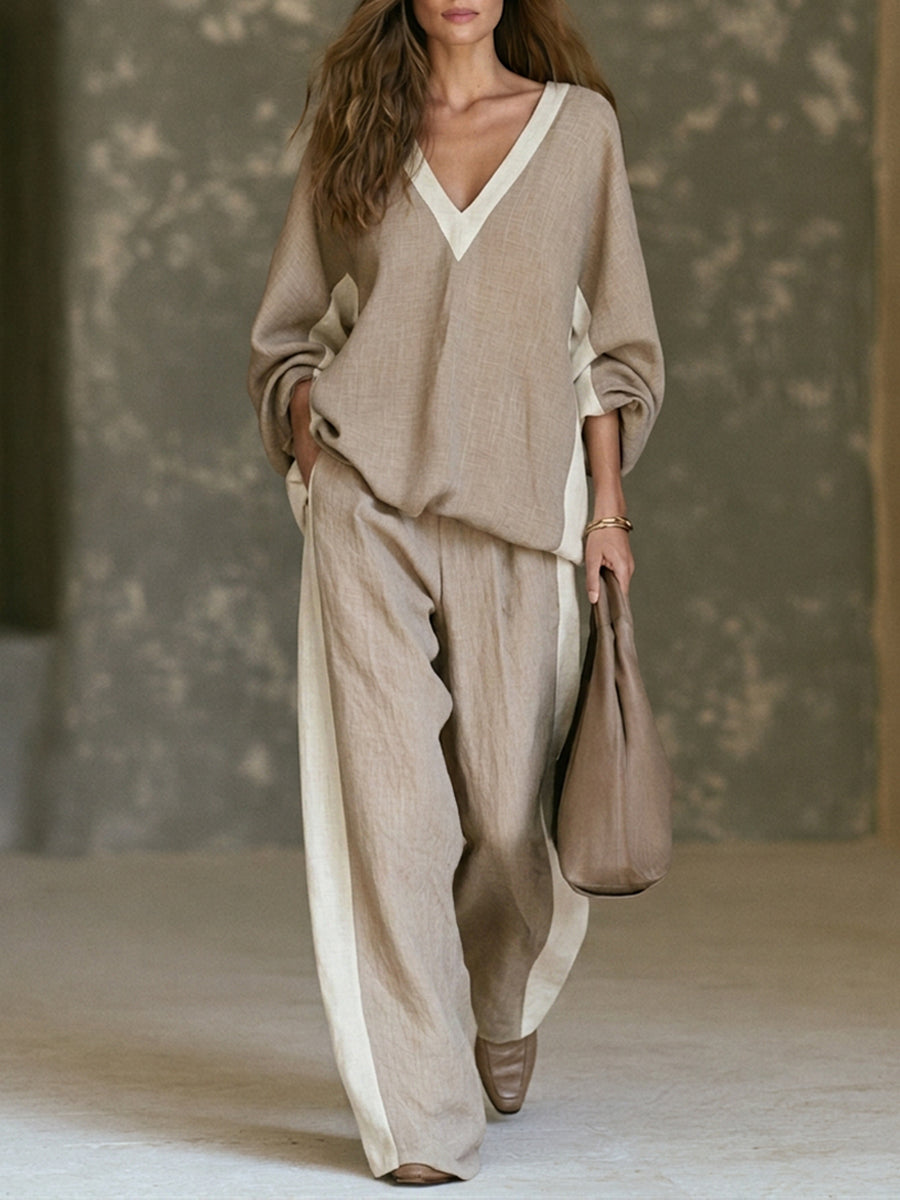 FELIA | KHAKI COLOR-BLOCK WIDE-LEG TWO-PIECE SET