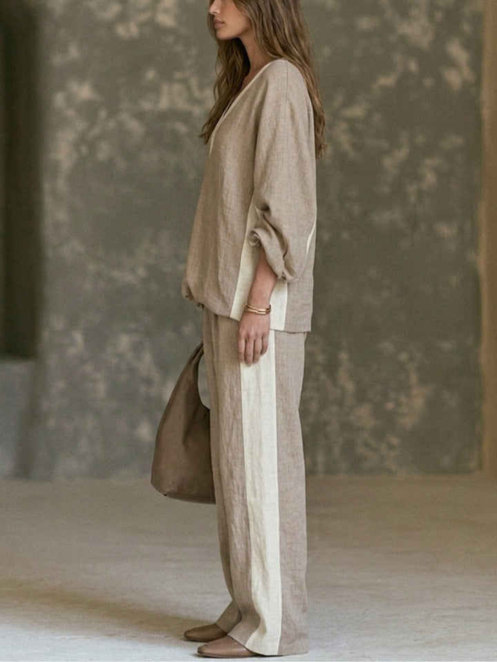 FELIA | KHAKI COLOR-BLOCK WIDE-LEG TWO-PIECE SET