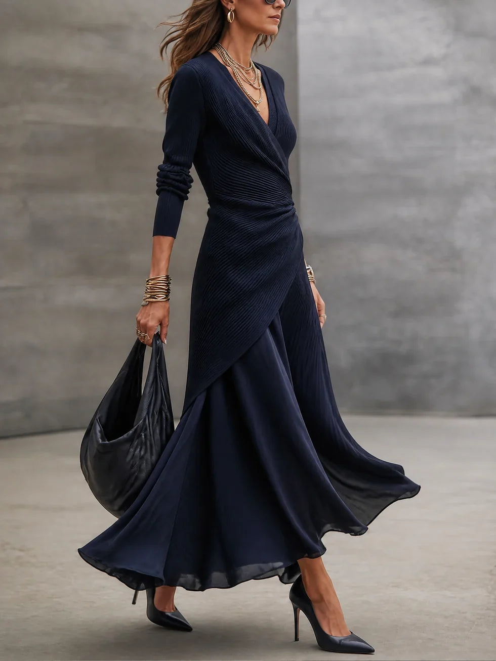 ADRIANA | NAVY RIBBED WRAP MAXI DRESS SET