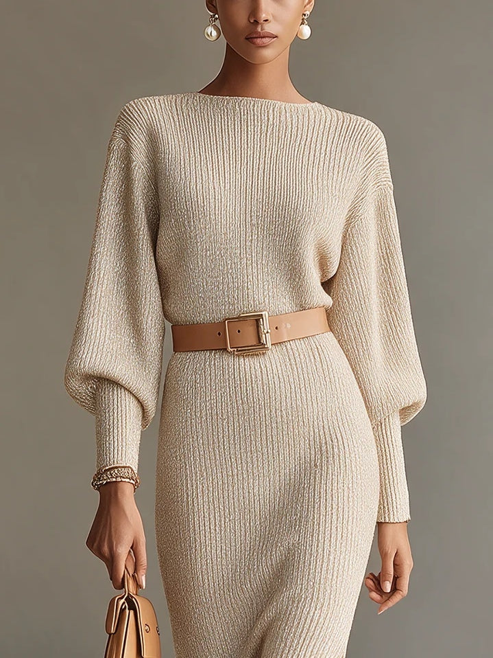 VIVIEN | RIBBED BOAT-NECK BELTED MIDI DRESS  (WITH BELT)